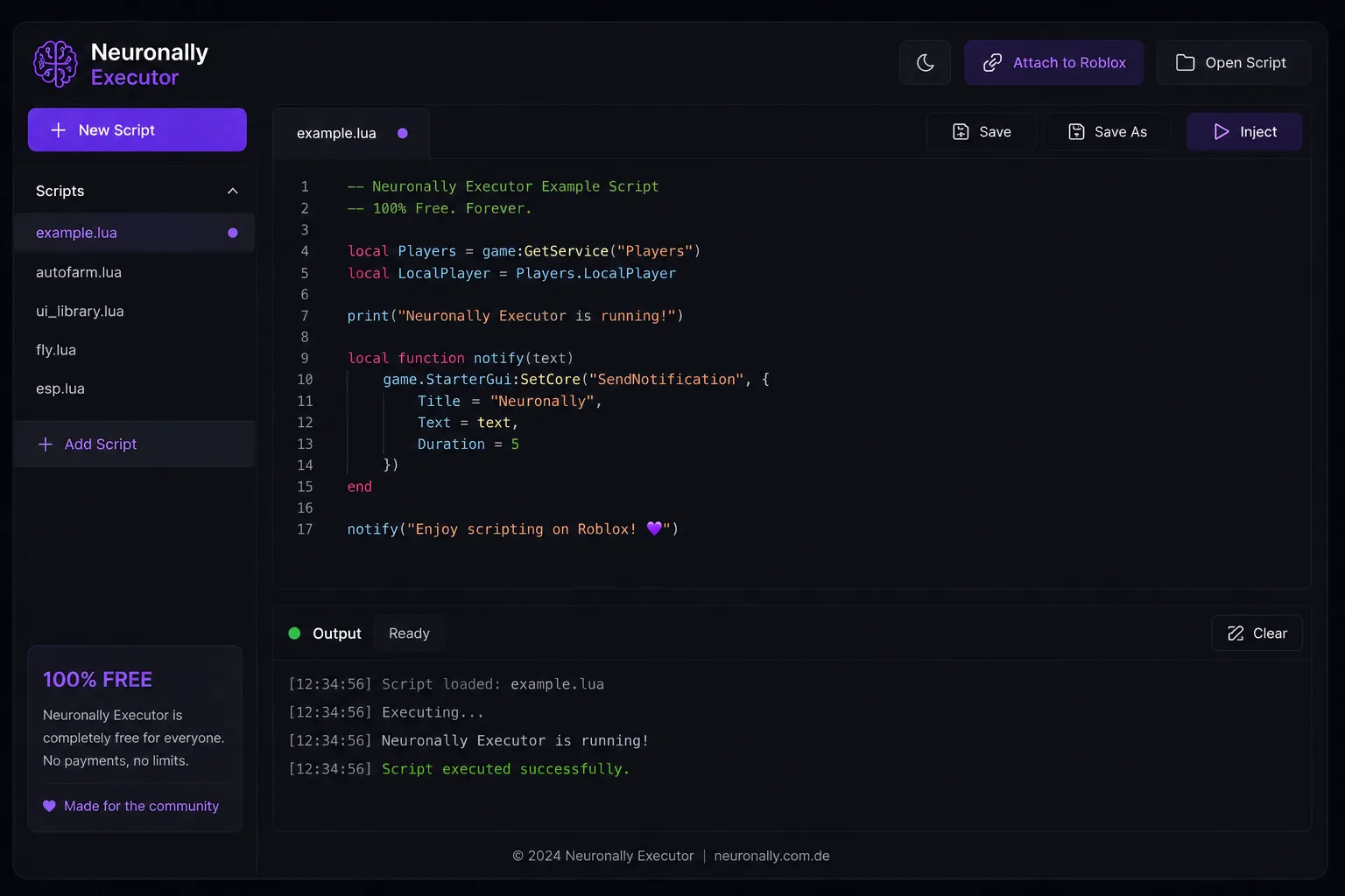 Neuronally Executor code editor with the script list, Lua syntax highlighting and a live output console