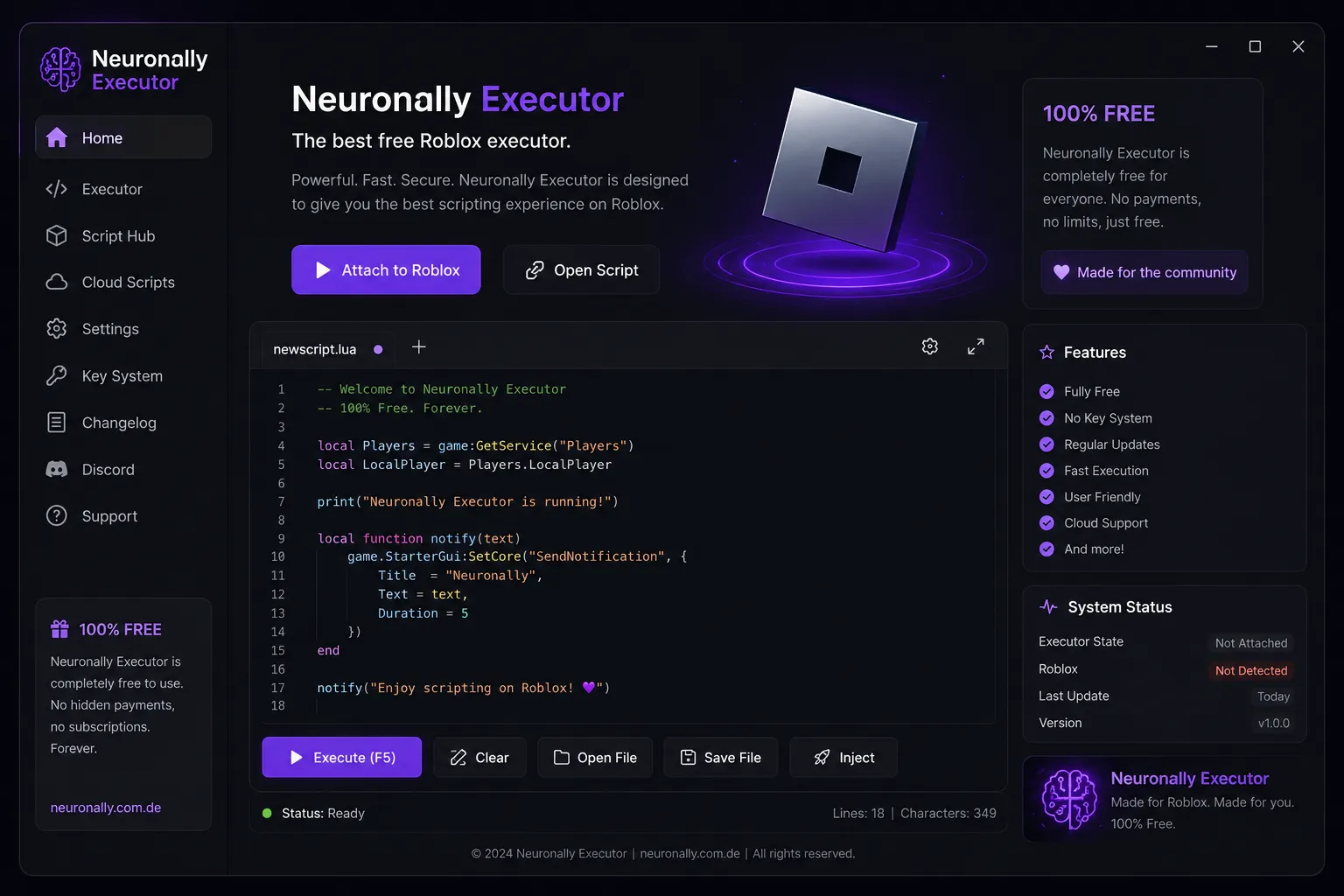Neuronally Executor interface showing the Lua editor, script hub and system status while attached to Roblox